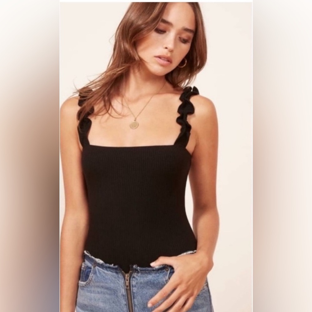 Reformation black Elegant Black Ruffle Strap bodysuit
